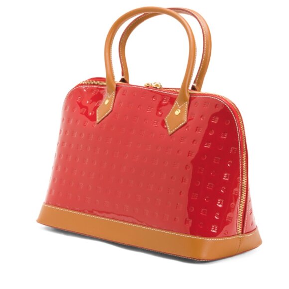 ARCADIA Made In Italy Patent Leather Dome Zip Zip Satchel W Vacchetta Det Red - Picture 3 of 11